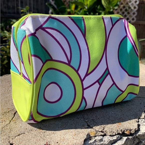 Clinique retro teal and lime green print zippered make up bag - Picture 4 of 7